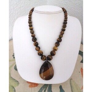 Vintage Tiger Eye Large Bead & Tiger Eye Pendant Sterling Silver Claps Necklace